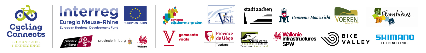 Cycling Connects partners: Provincie Limburg België, Provincie Limburg Nederland, Gemeente Eijsden-Margraten, Gemeente Vaals, Gemeente Visé, Province de Liège Tourisme, Stadt Aachen, Voerstreek bezoekerscentrum, Gemeente Maastricht, Wallonie infrastructures SPW, Voeren, Bike Valley, Plombières en Shimano Experience Center